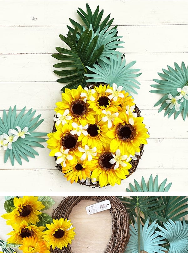 Vertical feature image of a pineapple wreath made with sunflowers on a creamy background and a smaller photo of supplies below.