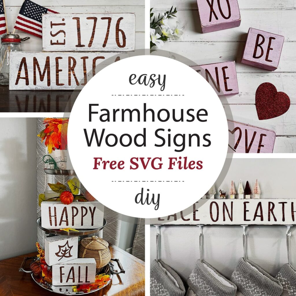 Photos of four farmhouse wood signs.