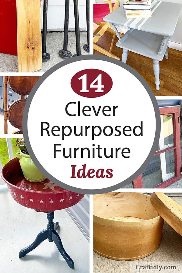 Vertical feature photo showing four out of ten repurposed furniture ideas. These are photo snippets of DIY furniture in different stages before and after. There is a photo with a red metal lid and pipe legs, a finished patriotic table made from a large rusty red tin with white stars on it, a thrift store table being painted gray and white and a round wood hat box. Please pin this image to your Pinterest DIY boards to come back to this post later!