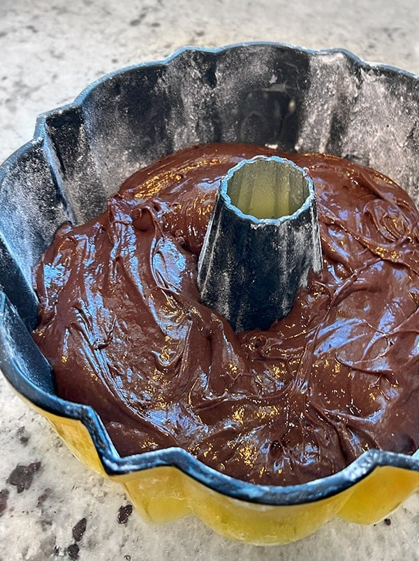 Recipe process photo and closeup photo of a vintage yellow Bundt pan filled with chocolate cake batter.
