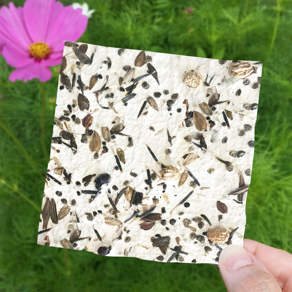Square image of handmade seed paper with a pink wildflower and greenery in the background.