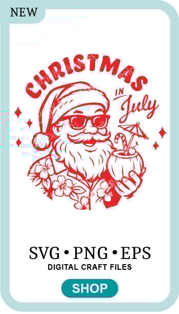 Santa Christmas in July is a one- color, design and digital download craft file in PNG, SVG and EPS formats. The design feature a smiling Santa with full beard, mustache and Santa cap wearing a tropical Hawaiian tee and holding a cold coconut drink with a candy cane, umbrella and cherry. Above is friendly type arched that says Christmas and below that in angled, script type is the words In July. This fun design is great for crafting summer tees, pool party signs, vacation gifts, invitations and more.