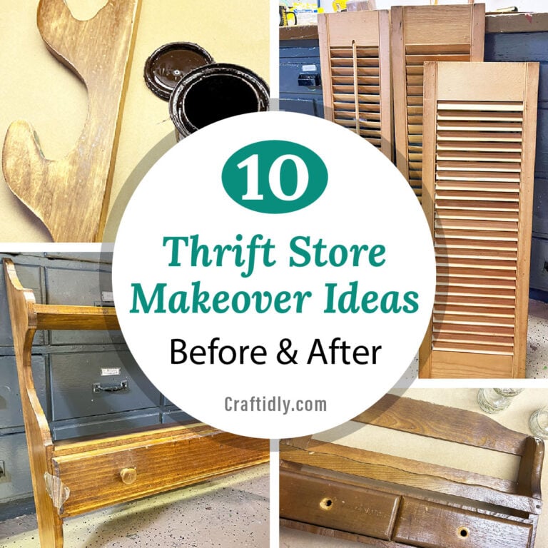 10 Thrift Store Makeover Ideas with before and after photos. Shown are four before photo snippets of old wood shutters, a small vintage spice rack, a dated wood shelf with a drawer and a scalloped wood piece getting a coat of stain.