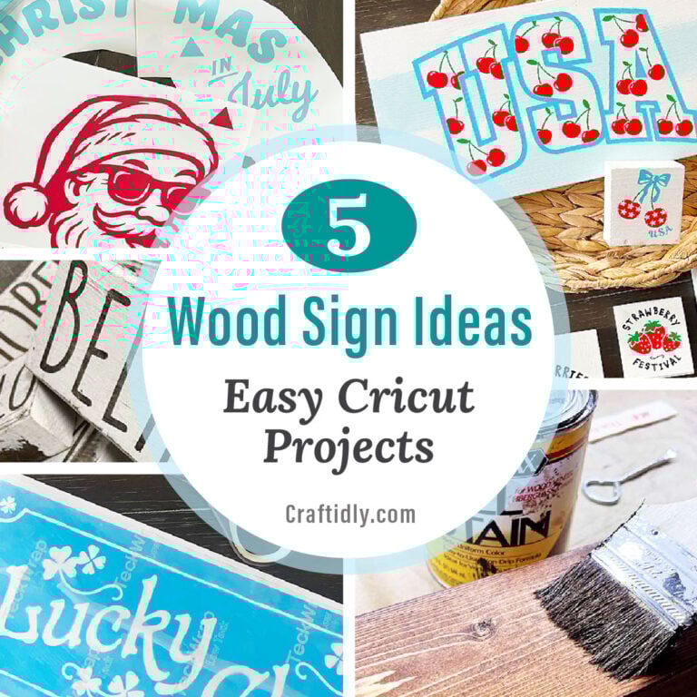 Square feature image of five photo snippets of DIY signs made with a cutting machine like Cricut Maker, Permanent Vinyl and Stencil Vinyl. These are easy to make signs for your home or make to sell. There are scrap wood signs, holiday signs for a tiered tray, a large round Christmas in July sign and 2 x 4 rustic stackable word signs.