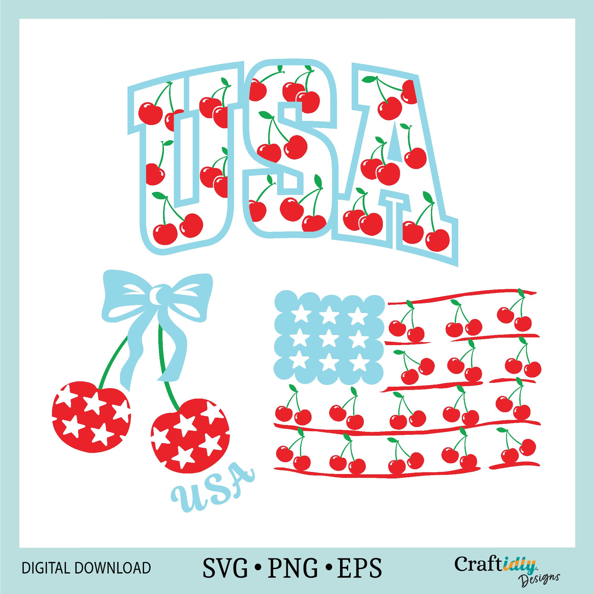Square feature image of three hand drawn illustrations, a flag made of cherries for the stripes with a scalloped rectangle with rounded edge stars, two red cherries with a star pattern and a blue bow that says USA underneath in a friendly script font, and USA collegiate letters in white filled with a cherry pattern, outlined in light blue. 