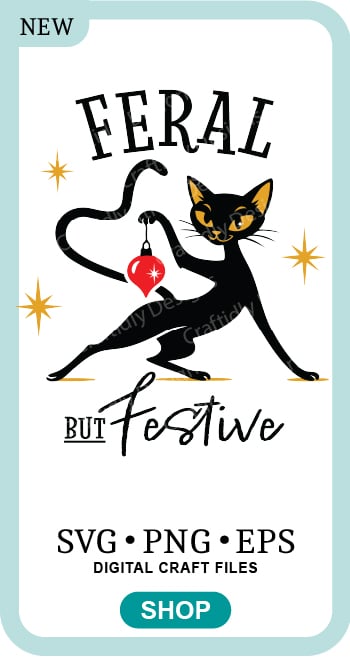 Sassy mid-century modern cat design with a sleek black siamese cat posing and holding one single red, glass ornament. The type is retro 1970's with the word FERAL above adn but Festive below. Instant download craft file in SVG, PNG and EPS format.