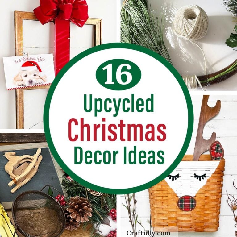 Square feature photo for 16 Upcycled Christmas Decor Ideas post with four photo snippets. The images show a diy card rack made out of frames, a circle wood salvage in the process of being turned into a wreath, a chalk board, florals and a wood rocking horse, and a upcycled basket turned into a reindeer.