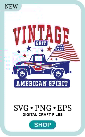 Vintage truck shown in blue with a red flame on the side and an American Flag flying in the truck with stars in red and blue. Above in collegiate text slightly rounded is the word Vintage and the word Grit in smaller type below. In a blue rounded bar below the truck it says American Spirit. The digital craft file is great for making signs, t-shirts, paper crafts and more. The design is 2-color red and blue with an optional white background. The design bundle also include the truck without wording so you can add your own. Digital files includ SVG, PNG and EPS format. Visit https://craftidlydesigns.etsy.com to shop this design and more.