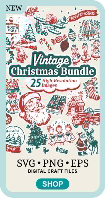 Vintage Christmas Bundle - This retro bundle includes 25 vintage-style 1950s-1960s illustrations for crafting signs, wall art, Christmas shirts, scrapbooking, stickers, cards, and more. As shown, each high-resolution design has a thin outline in white, light gray, and a transparent background option. Making them perfect for multiple applications like fussy cut projects, printing, sublimation, and layered vinyl crafts. The illustrations are one and two colors red and green.