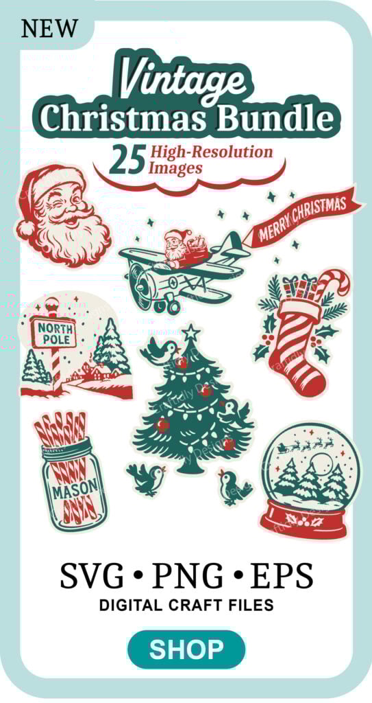 Vintage Christmas Bundle - This retro bundle includes 25 vintage-style 1950s-1960s illustrations for crafting signs, wall art, Christmas shirts, scrapbooking, stickers, cards, and more. As shown, each high-resolution design has a thin outline in white, light gray, and a transparent background option. Making them perfect for multiple applications like fussy cut projects, printing, sublimation, and layered vinyl crafts. The illustrations are one and two colors red and green.