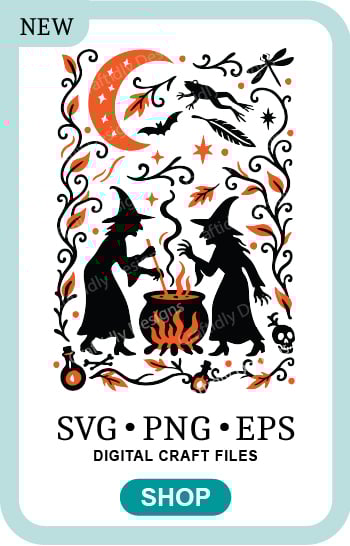 Fall floral illustration of two witches and cauldron silhouette brewing a potion. The witch on the left is stirring and the witch on the right has her hand flared like adding to the potion or casting a spell. The image is two color mostly black with pops of orange in a 5 x7 ratio with whimsical leaping frogs, overgrown vines, a crescent moon, feather, a bat, fall leaves, a scull, stars, potion bottles to round out the scene with the witches and the bubbling caldron in the center. These files also come in one color options. Visit https://craftidlydesigns.etsy.com to shop this design and more.
