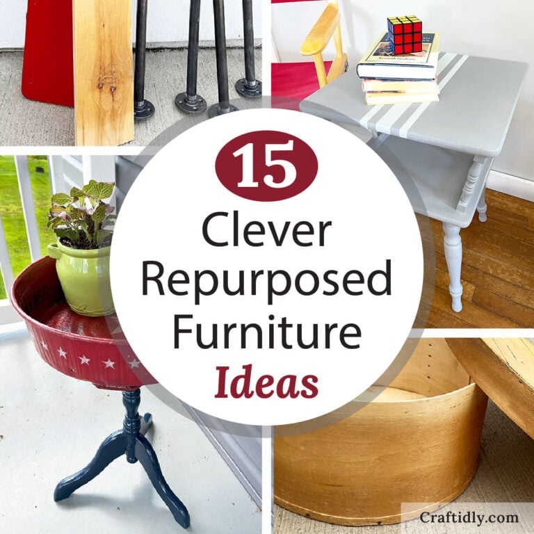 Square feature photo showing four out of fifteen repurposed furniture ideas. These are photo snippets of DIY furniture in different stages before and after. There is a photo with a red metal lid and pipe legs, a finished patriotic table made from a large rusty red tin with white stars on it, a thrift store table being painted gray and white and a round wood hat box.