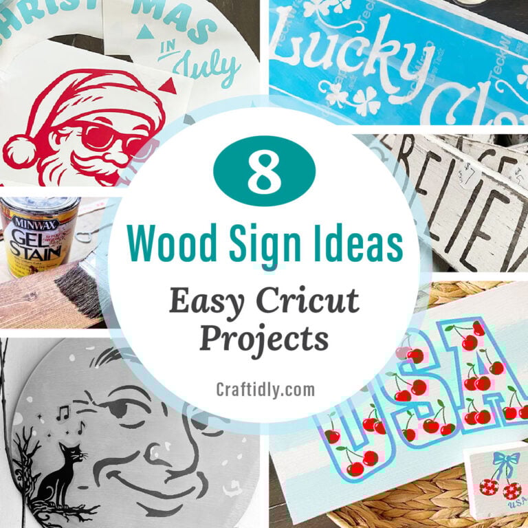 Square feature image of five photo snippets of DIY signs made with a cutting machine like Cricut Maker, Permanent Vinyl and Stencil Vinyl. These are easy to make signs for your home or make to sell. There are scrap wood signs, holiday signs for a tiered tray, a large round Christmas in July sign and 2 x 4 rustic stackable word signs and a man in the moon fall sign.