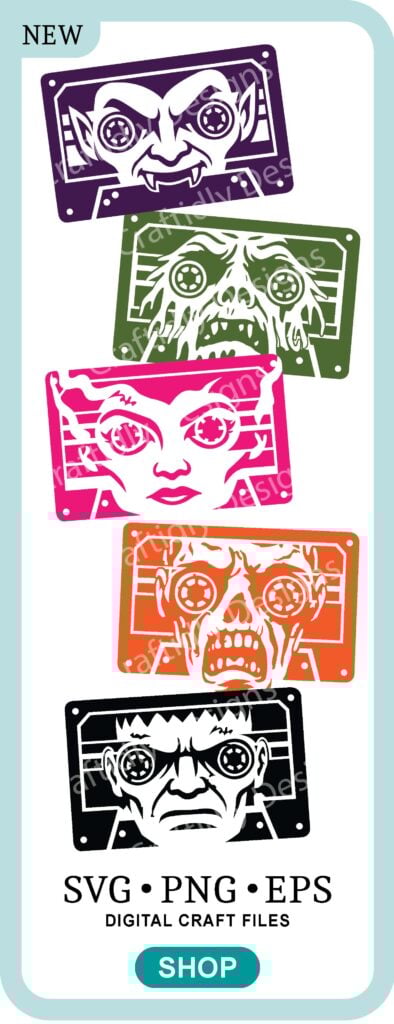 Classic monsters on retro cassette tapes - There are five designs: vampire, swamp monster, bride of Frankenstein, zombie and Frankenstein. The monster faces are a part of the cassette tape design with stripes for the label and the monster's eye are the cassette tapes gears. All PNG files come in five colors, purple, green, bright pink, orange and black. The designs also come with a white and a transparent background.