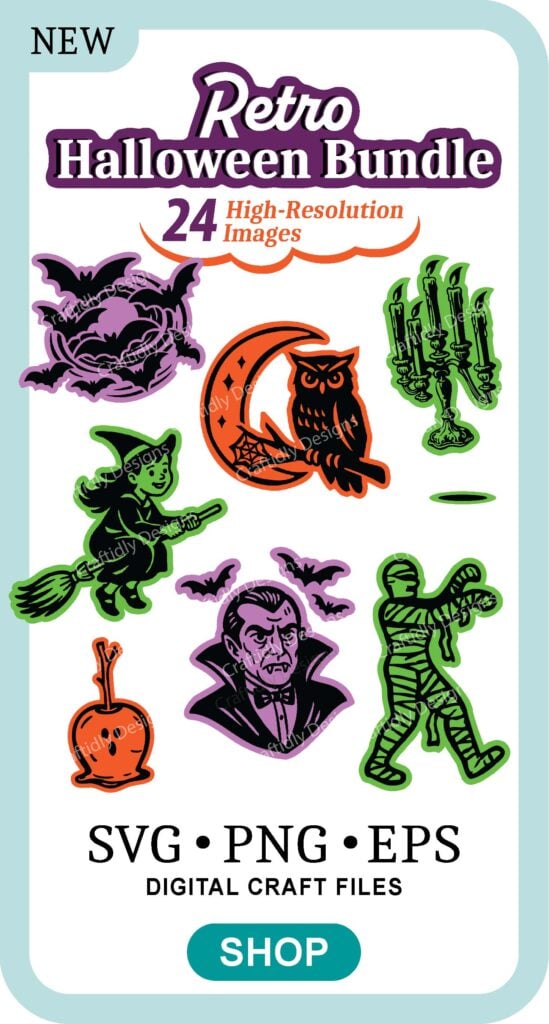 Retro Halloween Bundle with 24 high-resolution images in SVG, PNG and EPS formats. The colors are vibrant for halloween in black and orange, black and green and black and purple. Other color options included to work on both dark and light background when using them to craft shirts, trick or treat tote bags and more. Images include classic mummy, vampire, owl with the moon glowing behind, a retro witch, ghostly candied apple and a floating candelabra.