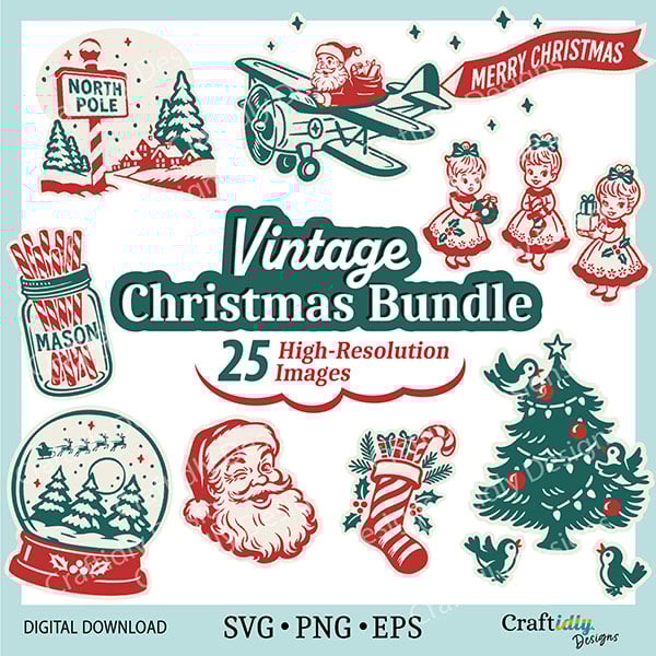 Vintage Christmas Bundle - This retro bundle includes 25 vintage-style 1950s-1960s illustrations for crafting signs, wall art, Christmas shirts, scrapbooking, stickers, cards, and more. As shown, each high-resolution design has a thin outline in white, light gray, and a transparent background option. Making them perfect for multiple applications like fussy cut projects, printing, sublimation, and layered vinyl crafts. The illustrations are one and two colors red and green. There is a Christmas tree being decorated by blue birds, A mason jar of candy canes, Santa flying an old plane with a Merry Christmas banner, a striped stocking with packages and a candy cane, a snow globe with santa's sleigh flying into the night sky, thre vintage girls with fluted 50's style dresses bearing gifts and more.
