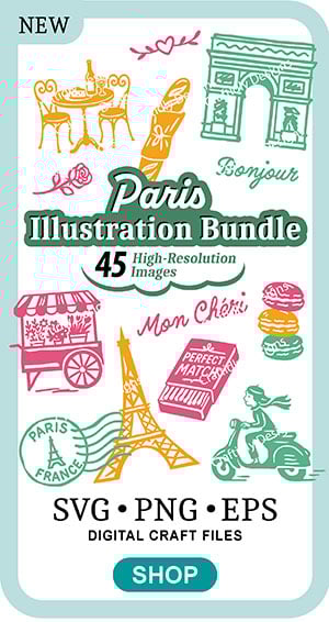 Paris Illustration bundle with 45 SVG, PNG and EPS files for all of your travel crafting. These beautiful hand illustrated travel, landmark and Parisian life illustrations are one color with thicker lines for use with a cutting machine like the Cricut Maker. Images include a baguette, Perfect Match match box, a girl with a beret on a vespa happily zipping by, the Eiffel Tower, a flower cart and other landmarks. Click to shop my Etsy shop and check out the full bundle and more!