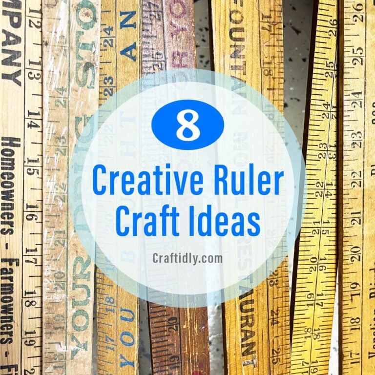 Feature square image of wood yardsticks and rulers in a vertical pattern with the title: 8 Creative Ruler Craft Ideas.