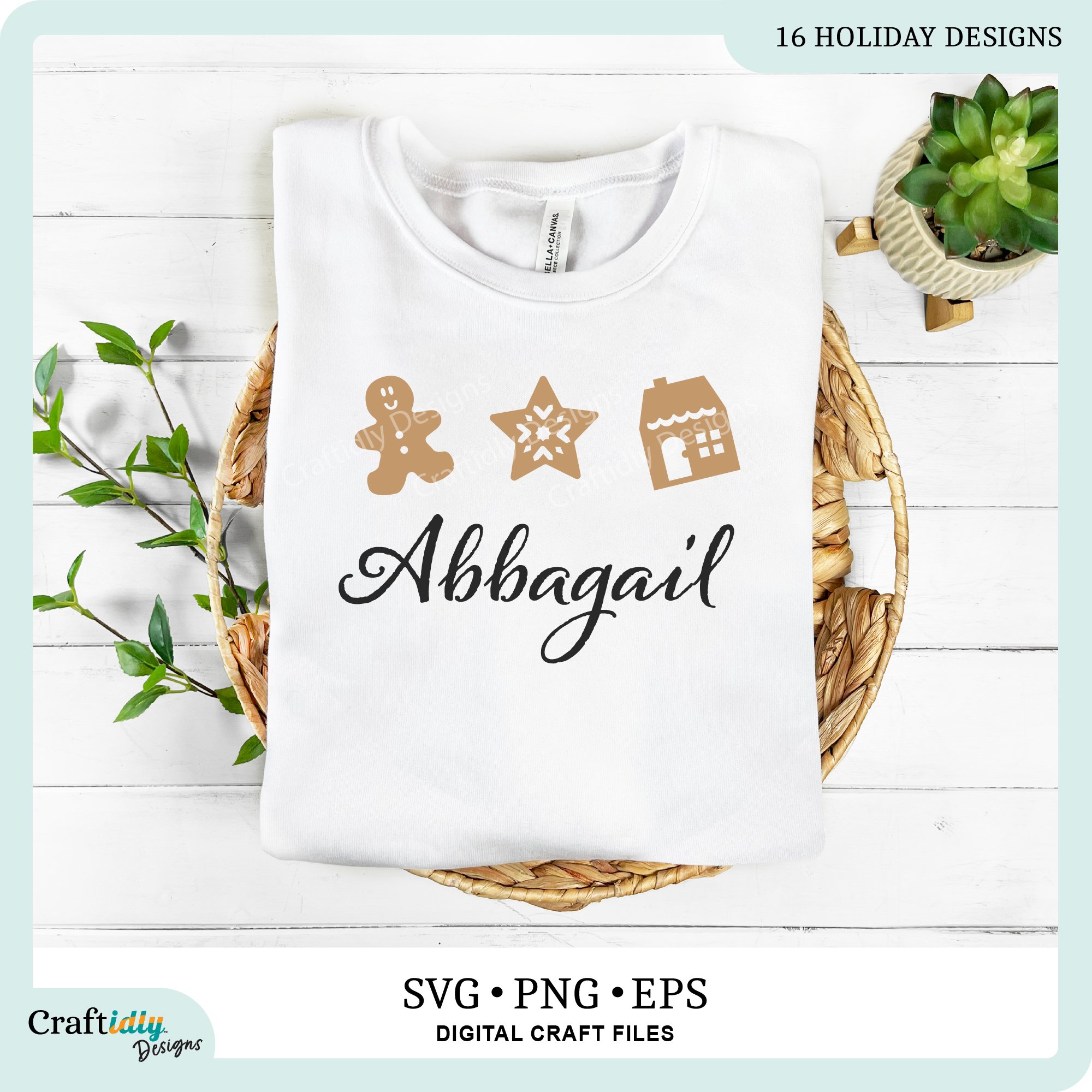 Photo if three of sixteen gingerbread cookie cut outs on a white sweatshirt in light gingerbread color with the word Abbagail underneath. This is an example of use. This product is a digital product and no physical items will ship.