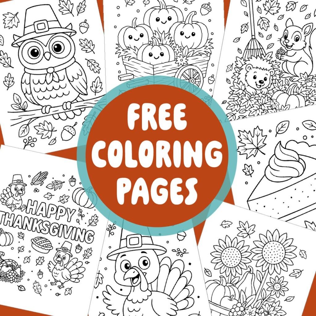 Seven cute coloring pages in one PDF ready to download. These are great kid-friendly pages, great for the Thanksgiving kids table. There is a cut howl with his pilgrim hat, smiling pumpkins having a hayride, a squirrel and hedgehog playing in a big pile of leaves, Happy Thanksgiving with elements like smiling turkeys with pilgrim buckel hats, apple pie, falling leaves, a cornicopia, pumpkins, corn and acorns, a slice of pumpkin pie, a bushel basket of pumpkins and sunflowers and a smiling turkey waving with a pilgrim hat on.