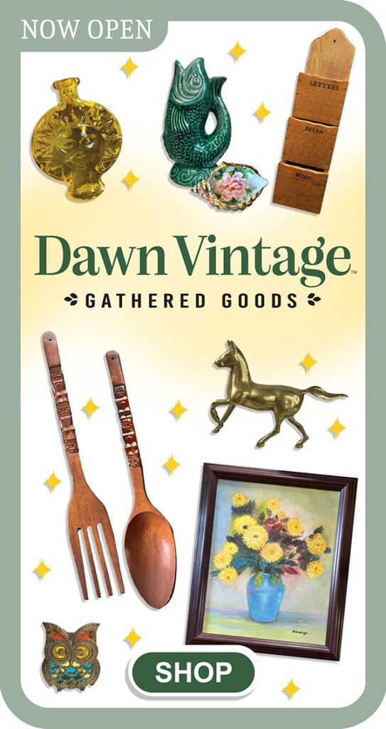 Dawn Vintage - Gathered Good vintage shop link. Shown are cutout images of vintage finds like a brass galloping horse, wooden mid-century modern fork and spoon, and a floral oil painting.
