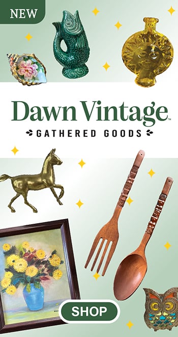 Dawn Vintage - Gathered Good vintage shop link. Shown are cutout images of vintage finds like a brass galloping horse, wooden mid-century modern fork and spoon, and a floral oil painting.