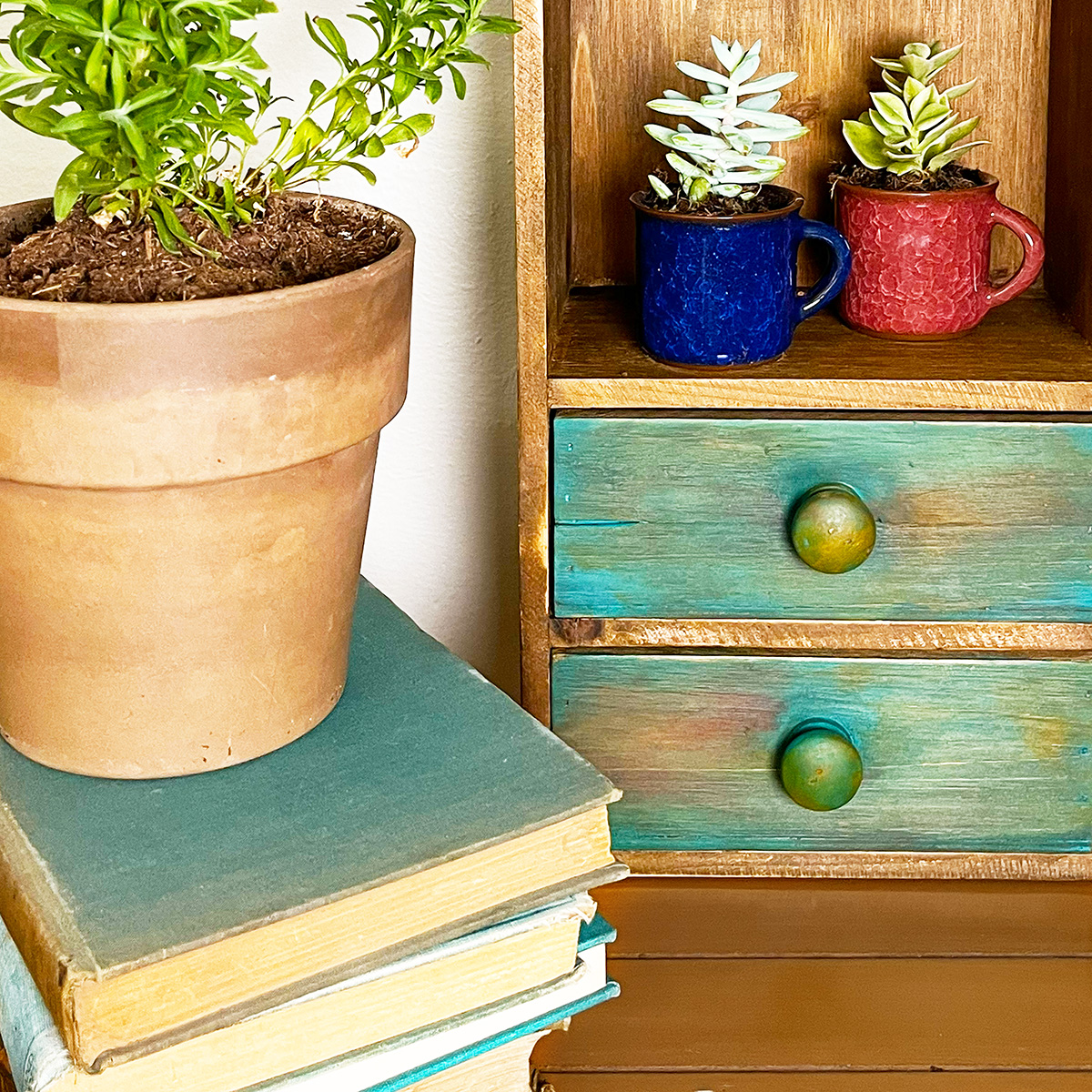 A closeup photo of a wooden wall curio showing just the painted drawers in a weathered aqua near a set of aqua sun faded book with a terracotta pot with a plant on it. On the shelf above the drawers is two tiny mugs in deep blue and red berry with tiny succulents.