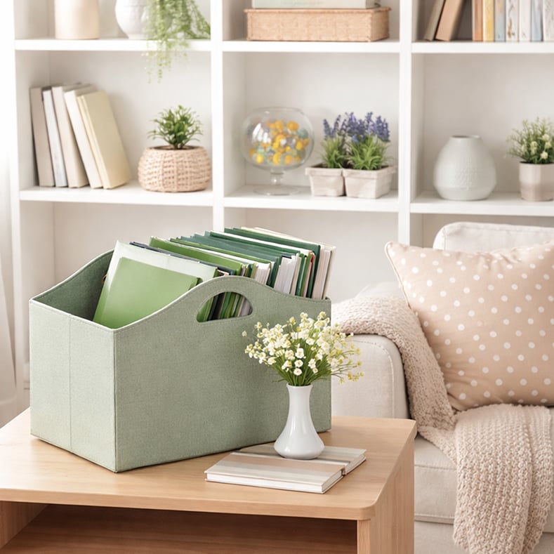 Cozy organized living room with calm light green accent colors and soft neutral decor. There is a bin of books and paper on a table that was just oranized.