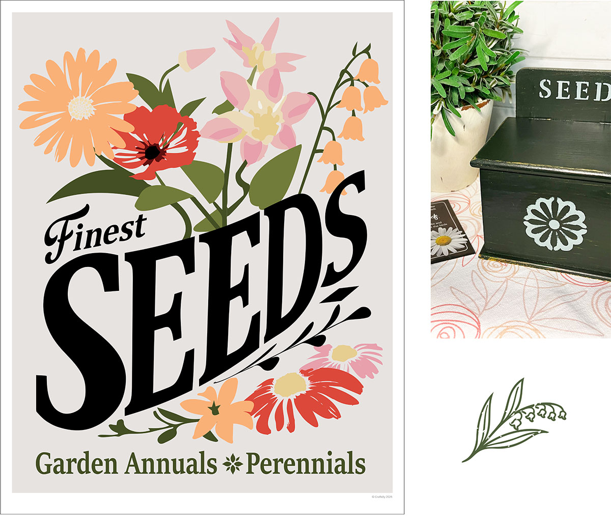 Photo 1 Illustrated seed poster featuring colorful spring flowers with the words "Finest Seeds" and "Garden Annuals & Perennials." Photo 2 Vintage dark green wooden seed box displayed beside a potted plant and flower seed packets. Photo 3 Simple botanical line drawing of lily of the valley with slender green leaves and delicate white blossoms.