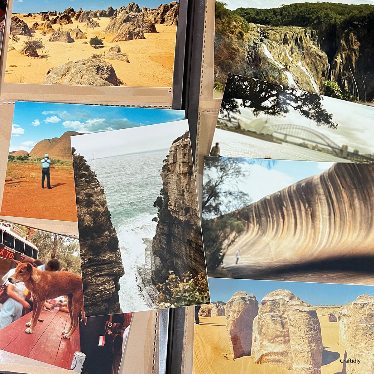 A collection of photos of landmarks most in Australia, photos of limestone and mountain gorges. All in a found vintage photo album.