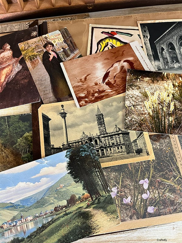 Photos and postcards gathered that have been pulled from an old vintage album that I found at an antique store—ranging from famous Parisian landmarks to Venetian streets and allegorical lakes—show the eclectic taste of the original traveler.