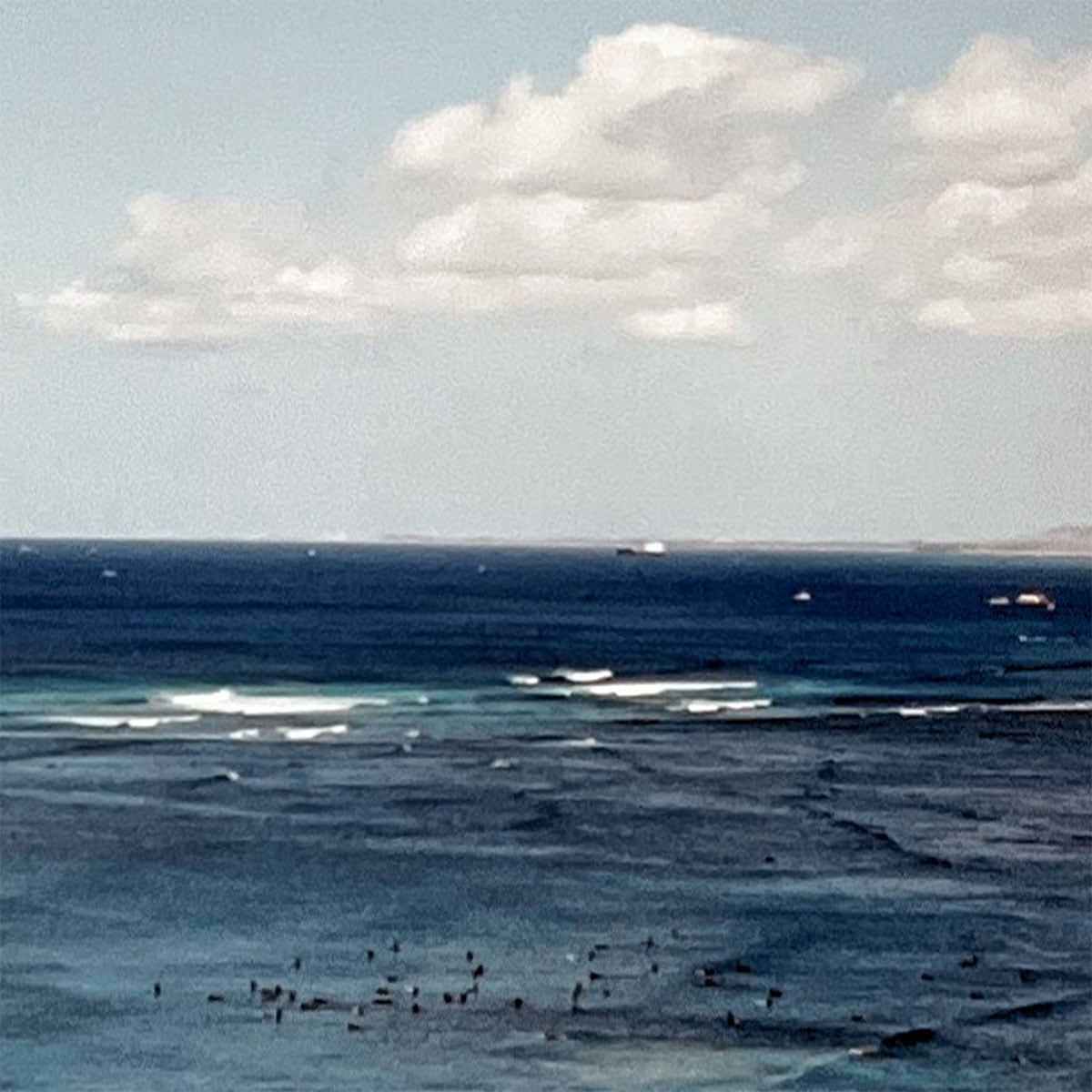 Deep blue ocean shot with small white caps and waves. An equal amount of light blue sky with puffy white clouds above and a few birds dotting the waters edge.