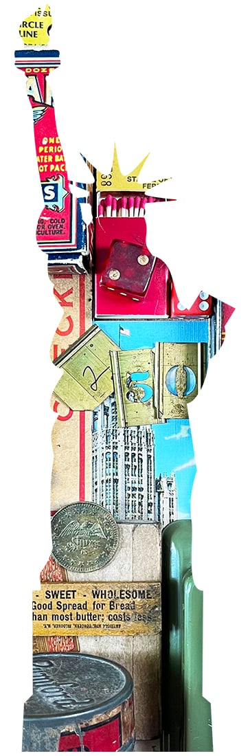 Statue of Liberty silhouette filled adn composed of a flatlay of Americana elements including 250 in brass typeset, red dice, canning box snippet in read, blue and yellow, snippet of Liberty Circle ferry tickets for the crown and fire in yellow, a rumford baking soda red can at the bottom, army green vintage staple, eagle coin and other elements.