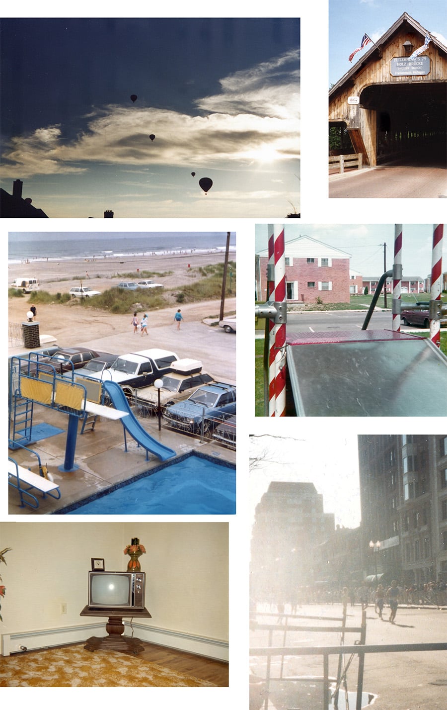 A collection of nostalgic summer photographs featuring hot air balloons, a covered bridge, a vintage playground slide, roadside Americana, and faded summer moments arranged in an editorial-style photo grid.