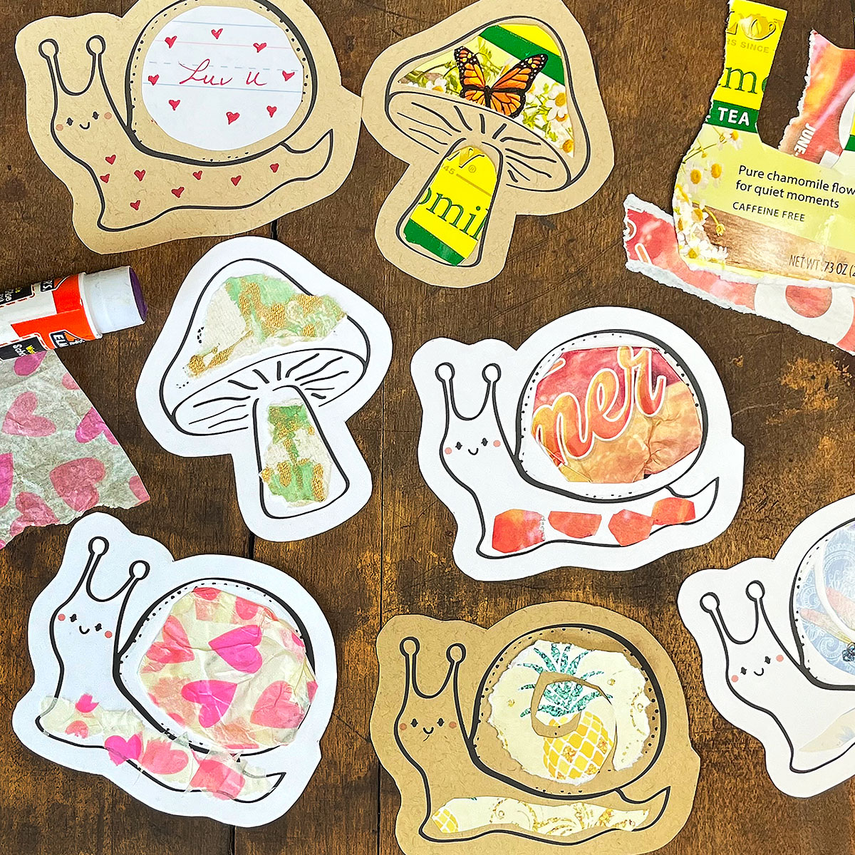 Scrappy snails print and cut paper crafts. Shown are mushrooms and smiling snails printed in black and white lineart and a photo showing how to make them using junk mail, patterned paper, patterned tissue paper, greeting cards and other papers. Just cut or tear and glue to decorate the shell or mushroom tops and base. This is the fourth paper project in The Paper Snail Club - Summer 2026. Make them to tuck into your printable reading tote from week one, use them as bookmarks or make to give to friends as gifts.