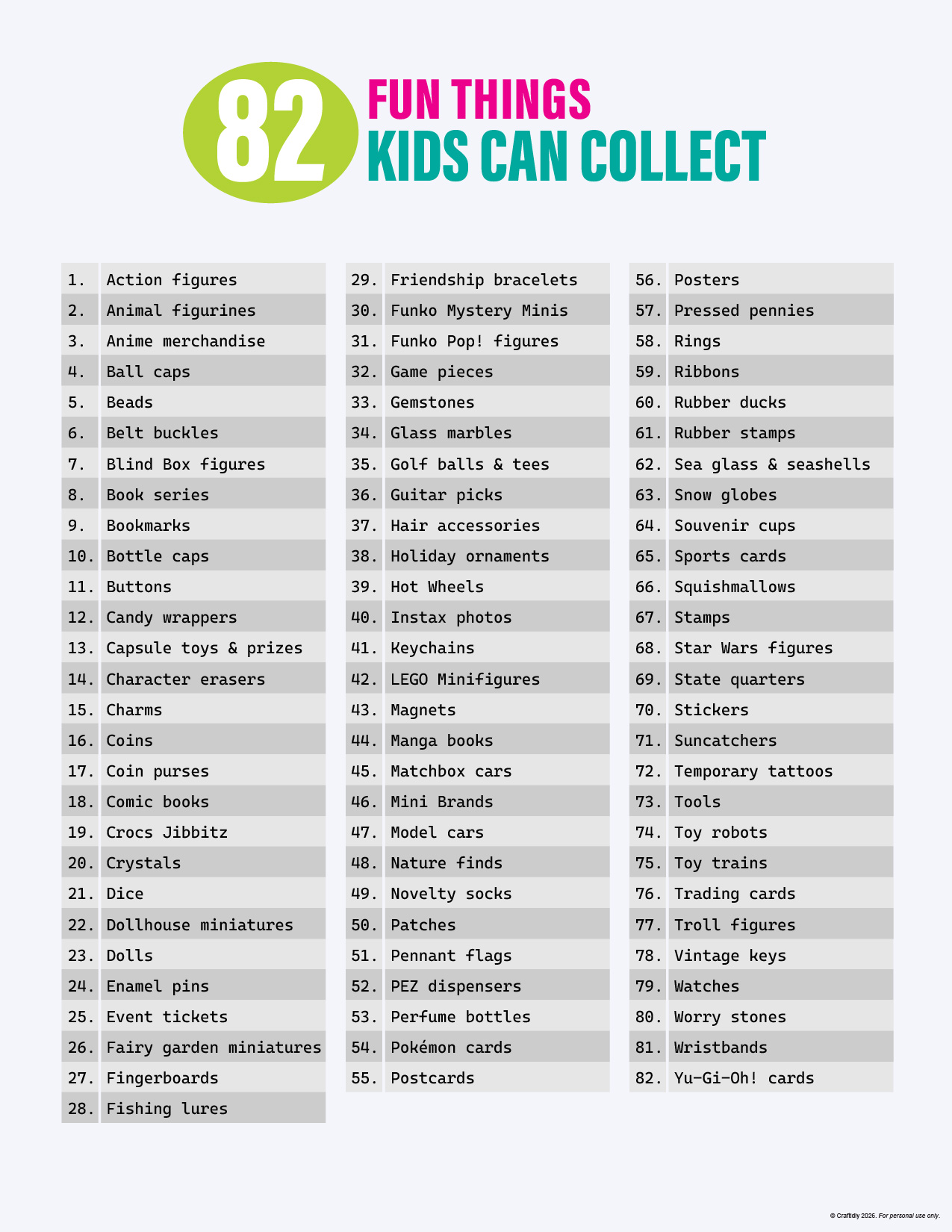 Printable checklist featuring 82 fun things kids can collect, including Pokémon cards, Hot Wheels, pressed pennies, stickers, sea glass, marbles, and other collectible ideas arranged in three columns.
