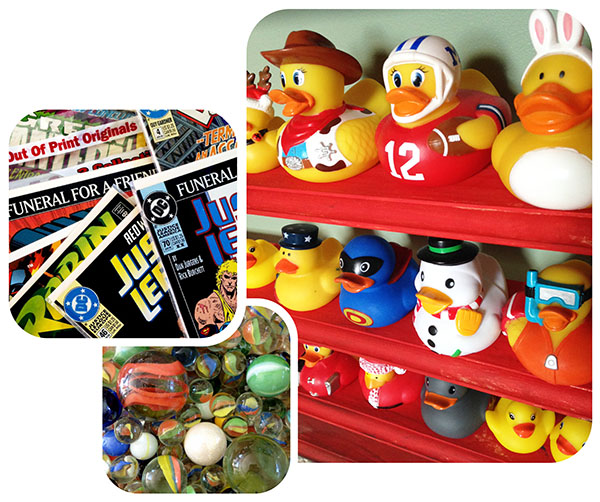 Kids big list of collectibles feature image with rubber ducks collection, comic books and colorful marbles.