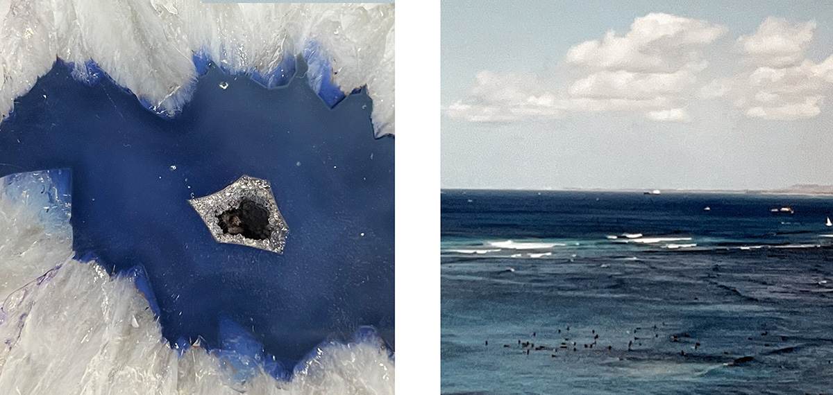 Left image (blue agate): Polished deep blue agate slice with white crystalline edges and a sparkling crystal center. Right image (ocean): View of deep blue ocean waves beneath a pale blue sky with scattered white clouds.