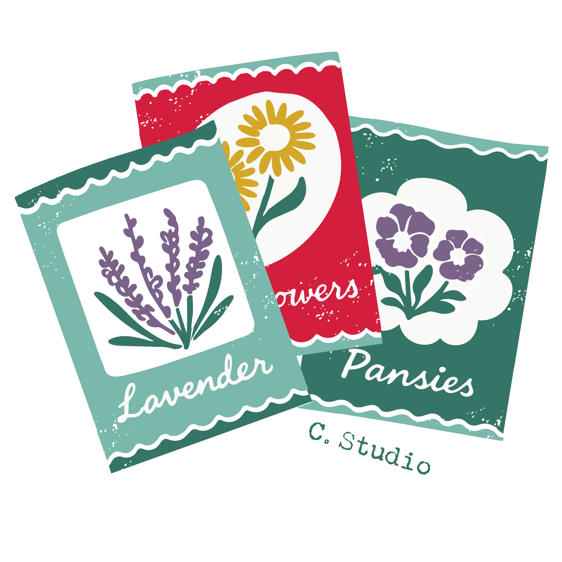 Three illustrated seed packet cards featuring lavender, wildflowers, sunflowers, and pansies with a small C. Studio signature.