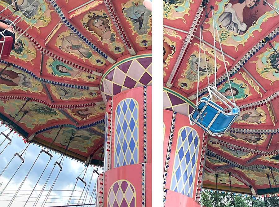 Two views, left and right, of a vintage amusement park swing ride featuring ornate painted canopy ceiling panels, hanging chains, and blue swing chairs beneath a summer sky.