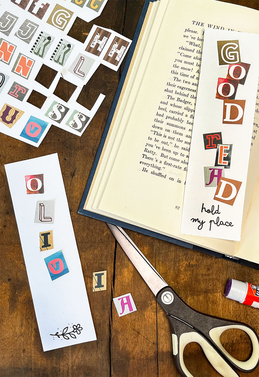 Two bookmarks print and cut made of randsom note style typeface that says 'Good Read' and one that says 'Olivia'. This is a customizable bookmark craft that you can put a name or phrase onto and the third paper craft in a series of five for The Paper Snail Club - Summer 2026.