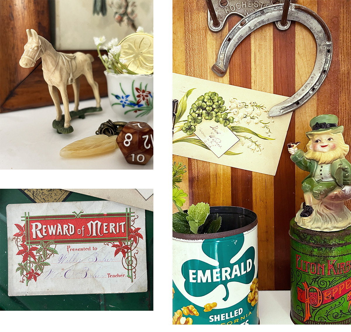 Photo 1 Vintage horse figurine displayed with a brown marble die, pressed leaf, floral teacup, and other green good luck keepsakes. Photo 2 Vintage horseshoe displayed with a St. Patrick's Day postcard, emerald popcorn tin used as a planter, and a smiling leprechaun figurine. Photo 3 Vintage Reward of Merit certificate with green and red decorative borders and handwritten school inscription.