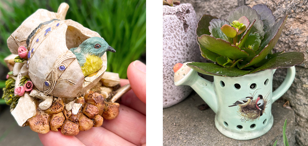 Photo 1 Vintage bird figurine nestled inside a broken flower pot with tiny flowers and textured stones, held in a hand against fresh spring grass. Photo 2 Small ceramic watering can turned planter with a bird illustration, filled with a green succulent and displayed beside weathered stone pots outdoors.