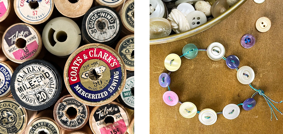 Photo 1: Close-up of vintage wooden thread spools with colorful paper labels, featuring a red and blue Coats & Clark spool surrounded by well-worn sewing thread brands. Photo 2: Pastel button bracelet made with assorted vintage buttons strung on blue cord, displayed beside an open tin filled with white and cream buttons.