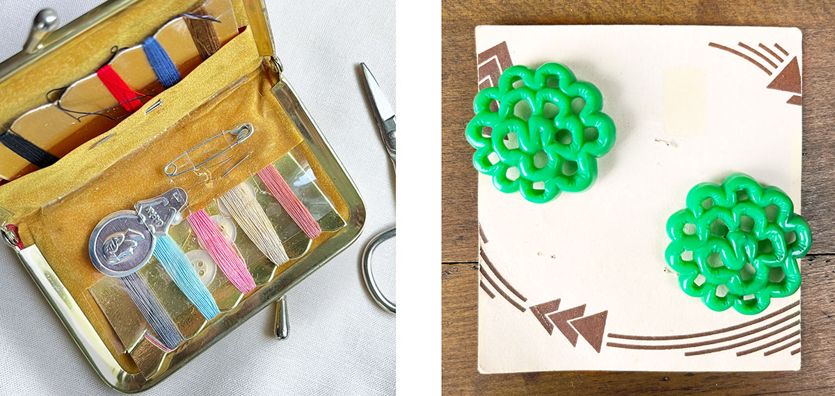 Photo 1: Vintage travel sewing kit opened to reveal suede yellow interior, colorful thread cards, safety pins, buttons, and small sewing tools tucked into organized compartments. Photo 2: Two bright green vintage floral buttons displayed on an Art Deco-style card with geometric corner details.