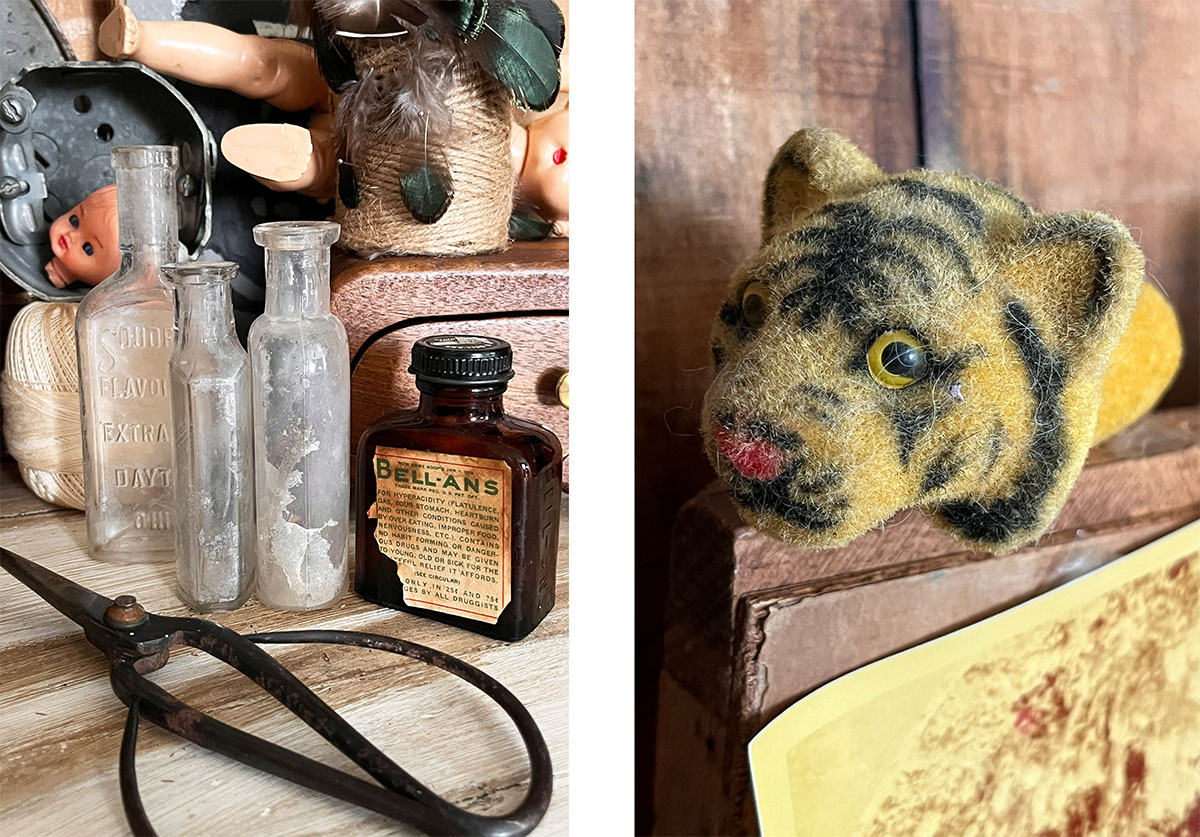 Photo 1: Vintage glass medicine bottles, rusted metal scissors, and an old medicine bottle arranged on a worktable with doll parts, feathers, and other collected curiosities in the background. Photo 2: Vintage flocked tiger head figurine resting on stacked books beside aged paper and wooden shelves, photographed as part of a collection of quiet curiosities.