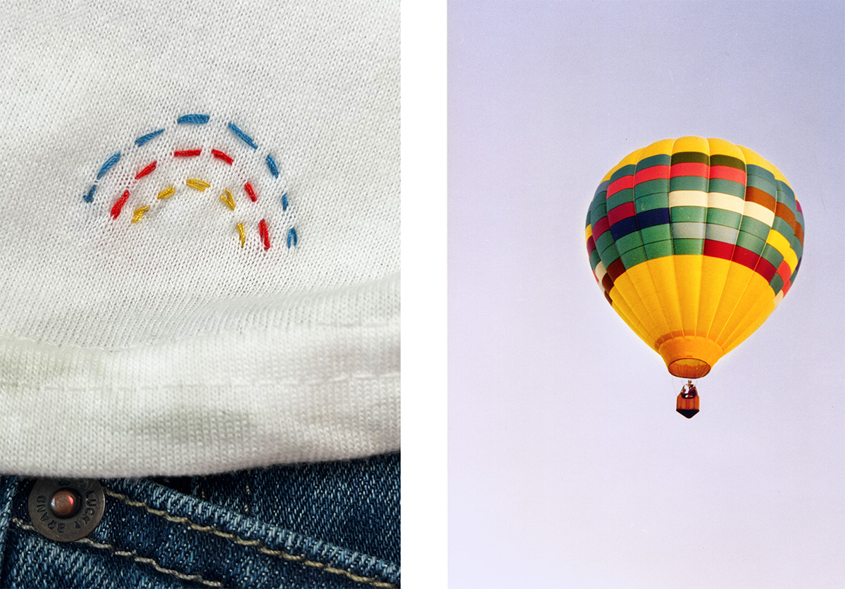 Left image (stitched rainbow): Hand-stitched rainbow embroidered with colorful running stitches on white fabric t-shirt tail. Right image (hot air balloon): Colorful hot air balloon floating against a pale blue sky.