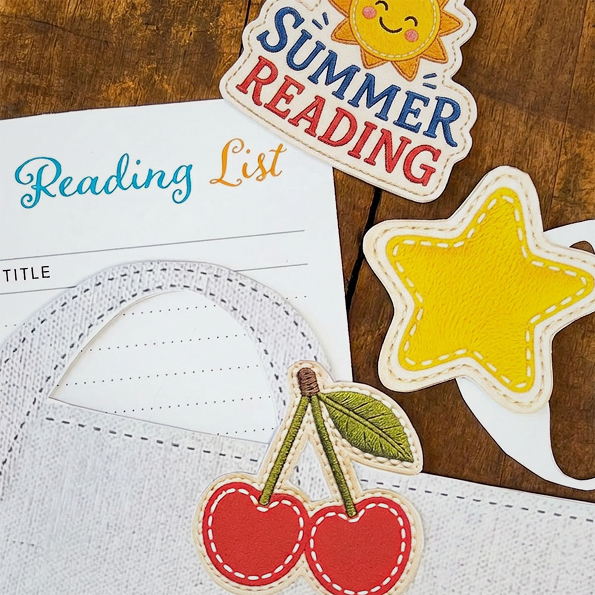 Thumbnail closeupf photo for The Paper Snail - Summer 2026, featuring summer reading paper crafts. Shown is a closeup of a cherry paper patch on a paper reading tote, a sunny summer reading patch and a Summer Reading List sticking out of the bag.