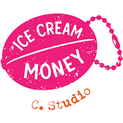 Colophon at the end of the Treasures Kept — Vintage Toys, Nostalgia & Keepsakes post of a studio illustration in pink of a coin pouch with a chain that says Icecream Money on it and stamped below it in orange type is C. Studio