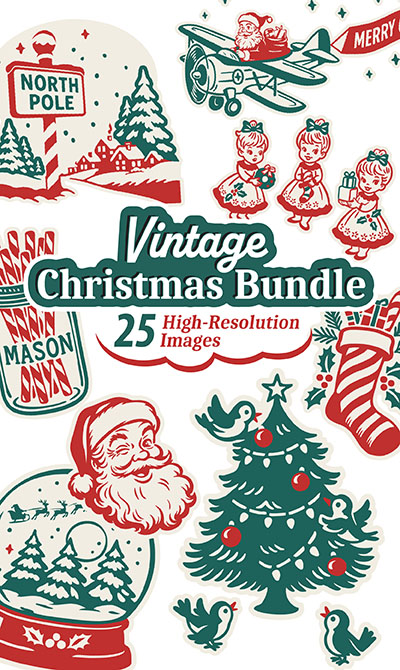 Vintage Christmas illustrations in green and red. A bundle of 25 one and two color SVG and PNG images including a snow globe with Santa's sleigh, Birds decorating a holiday try, Santa flying a vintage airplane and a mason jar of peppermint sticks.